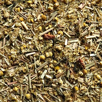 Chamomile, green sencha, lemongrass and goji berry loose leaf tea.