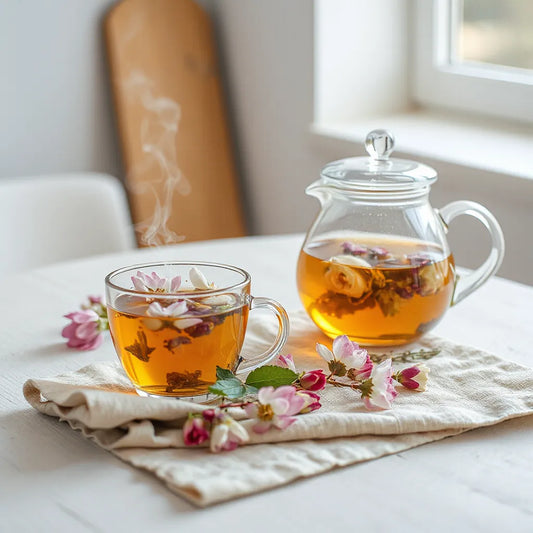 Clear glass tea pot with blooming flower tea and a steaming cup, styled for tea gift ideas