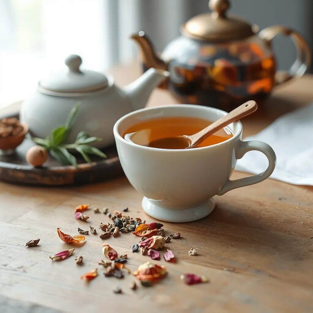 A cup of amber herbal tea with visible dried herbs and flower petals on a wooden table