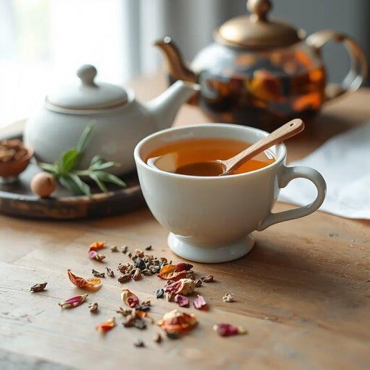 A cup of amber herbal tea with visible dried herbs and flower petals on a wooden table