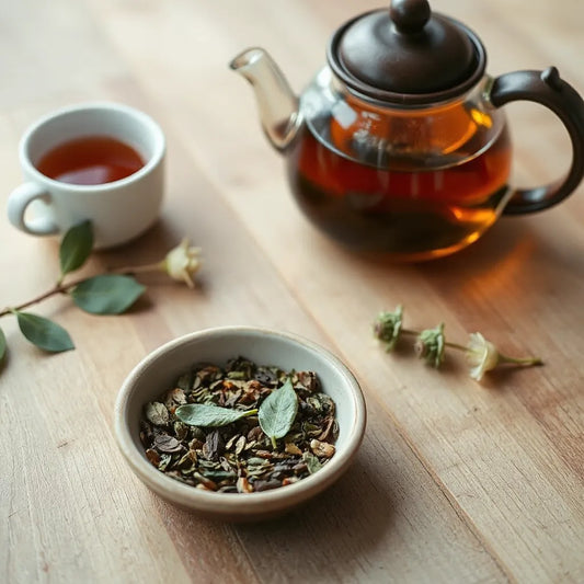 Ceramic teapot, cup of brewed tea, and loose leaf tea leaves with eucalyptus and native flowers on a wooden table