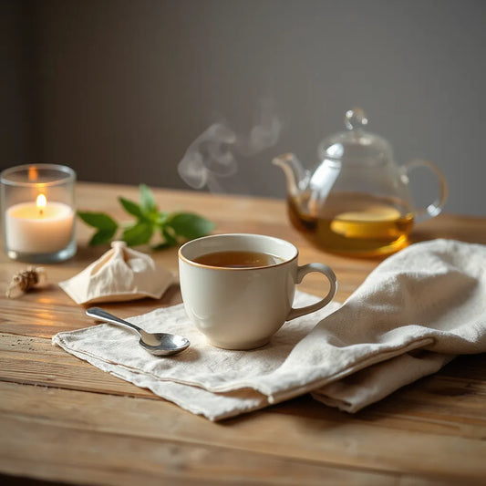 Steaming cup of herbal tea on a wooden table with a calm evening ambiance in soft light