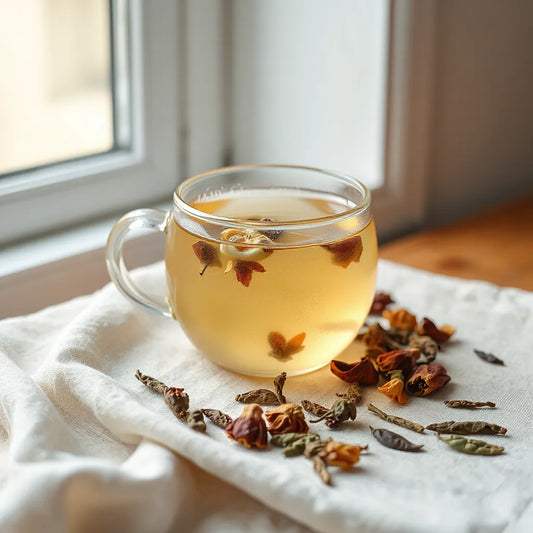 Pale golden jasmine flower tea in a glass teacup with floating blossoms and dried flowers on linen