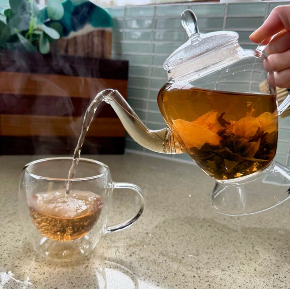Glass tea pot pouring blooming tea into a glass cup