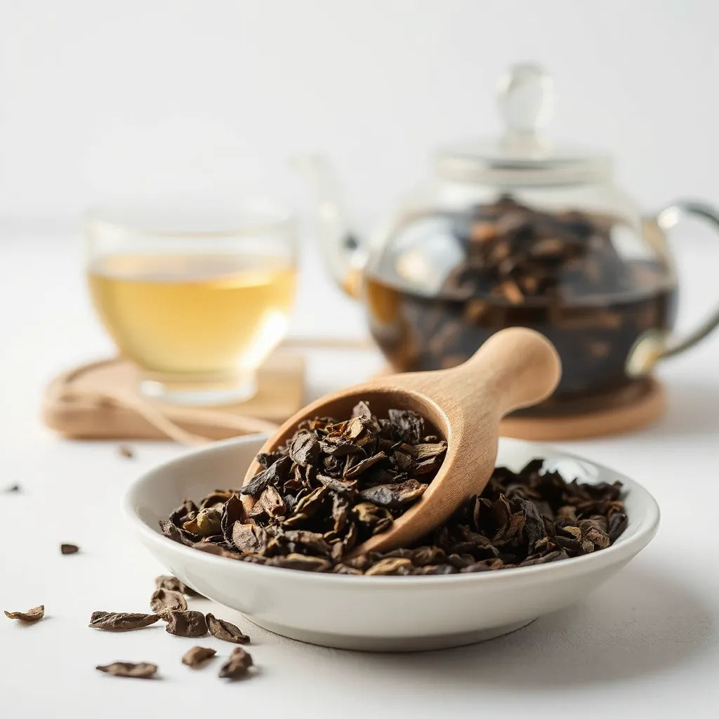 Loose tea leaves in a wooden scoop beside a ceramic teacup with a teapot in soft focus