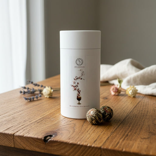 White storage cylinder with blooming tea balls