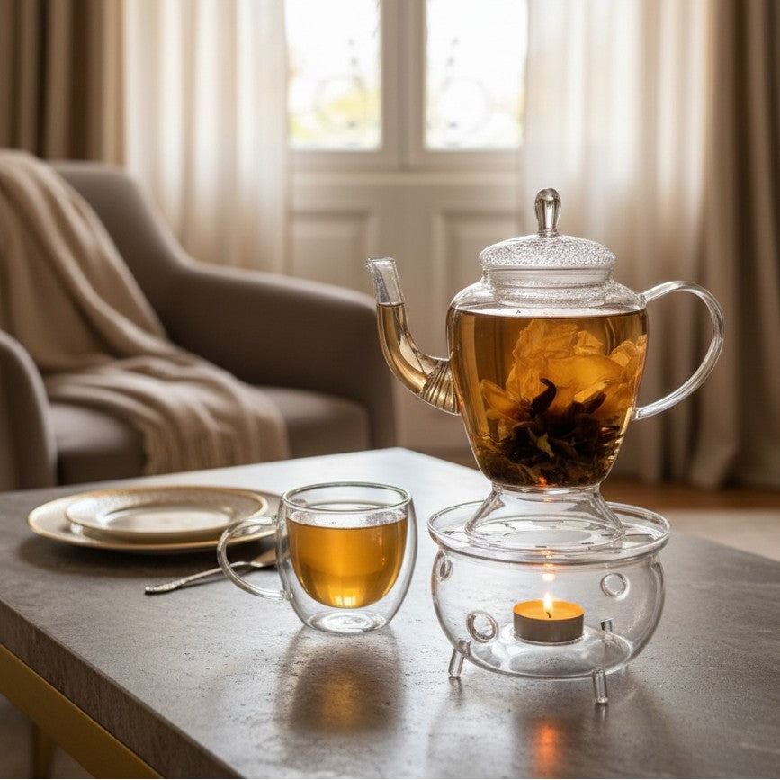 Glass tea set with teapot, double wall cups and warmer