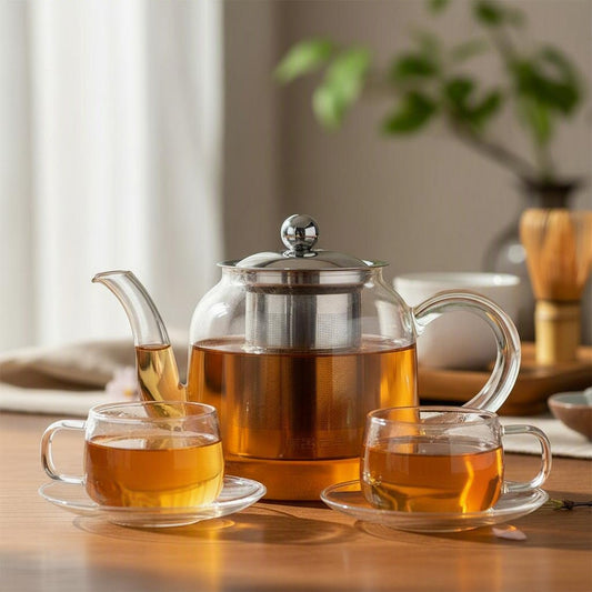 Glass teapot with infuser cup saucer set