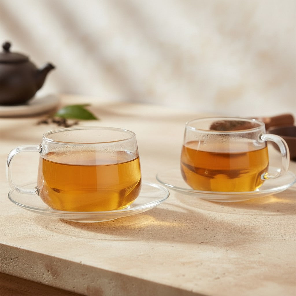 Two-glass-teacups-with-saucers